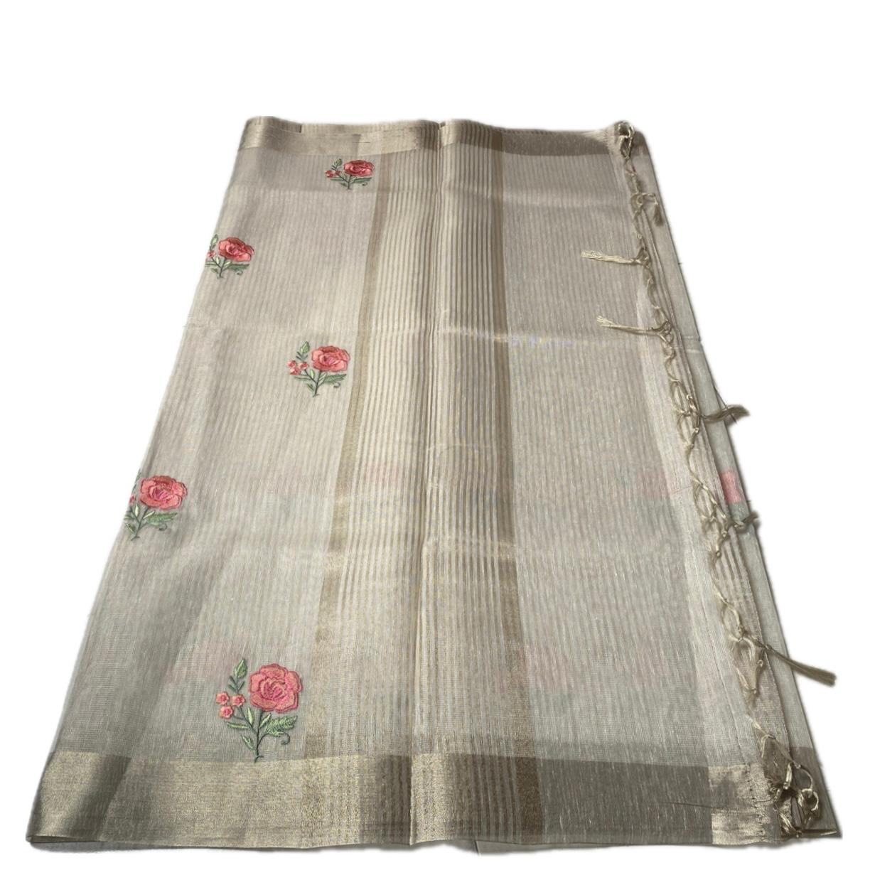 Megha Orange Floral Tissue Linen Saree