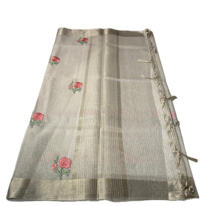 Megha Orange Floral Tissue Linen Saree