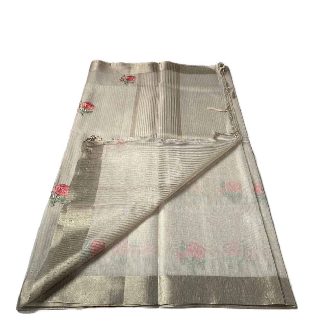 Megha Orange Floral Tissue Linen Saree