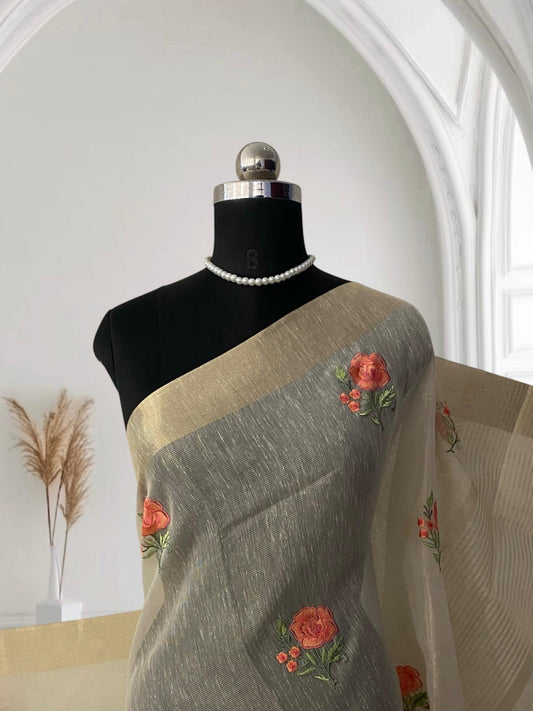 Megha Orange Floral Tissue Linen Saree