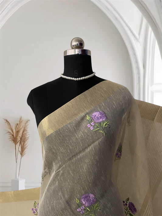 Megha Violet Floral Tissue Linen Saree