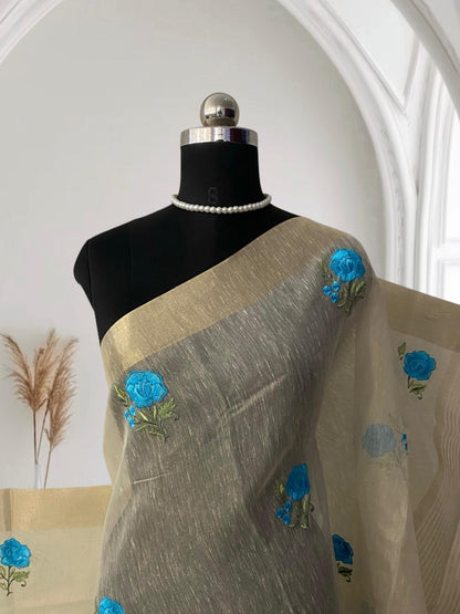 Megha blue Floral Tissue Linen Saree