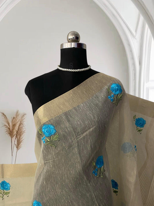 Megha blue Floral Tissue Linen Saree