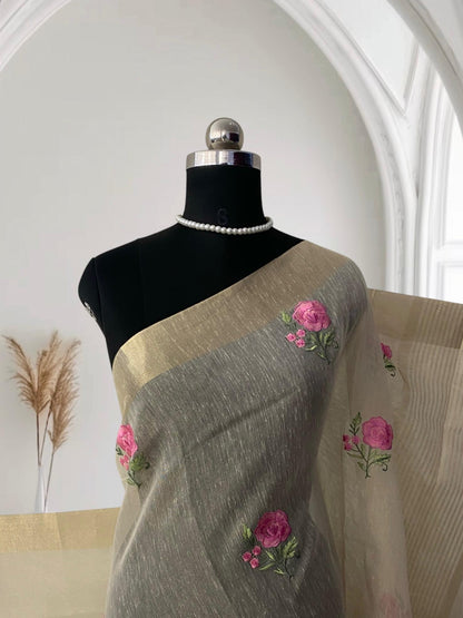 Megha blue Floral Tissue Linen Saree
