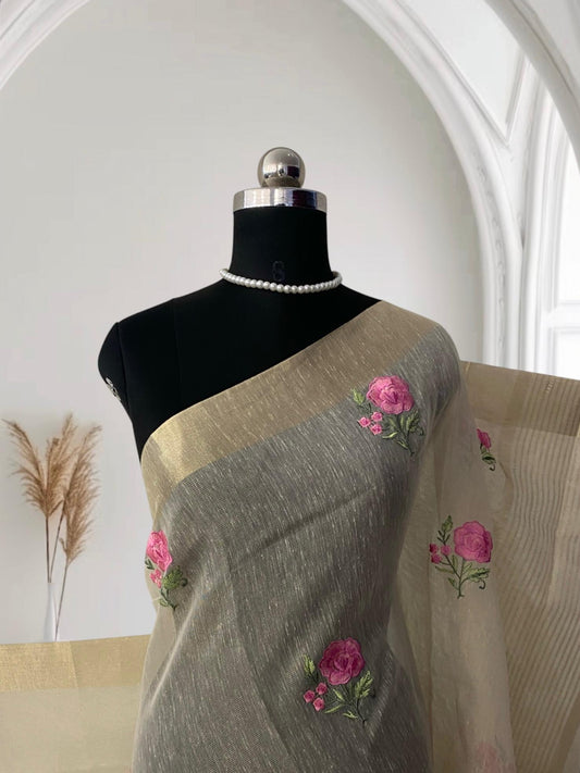Megha blue Floral Tissue Linen Saree