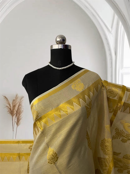 Golden Peacock Design Swarna Kasavu Set Saree
