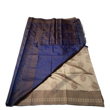 Theertha Soft Silk Saree Chikku with Navy Blue Border(Dress Code)