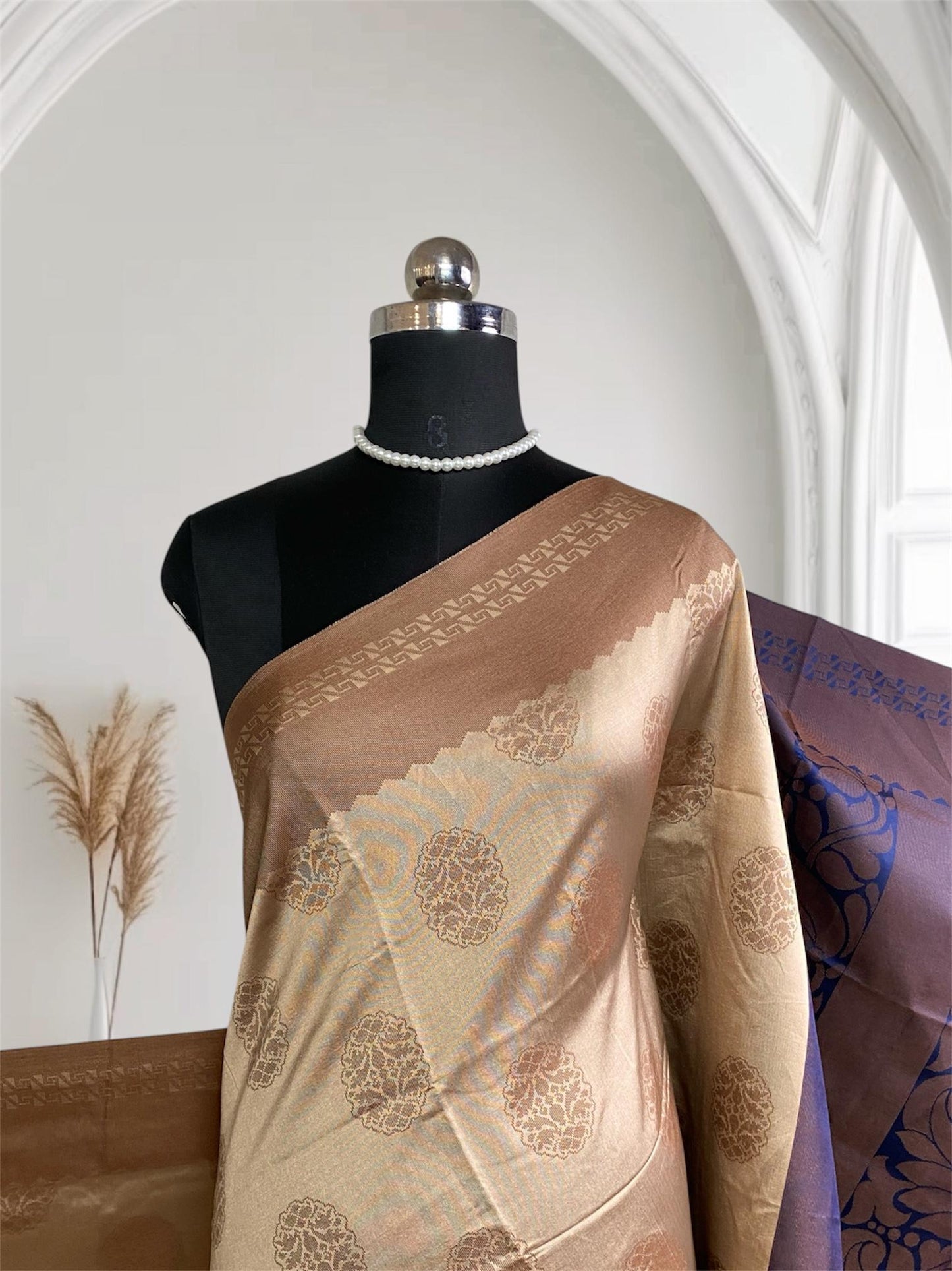 Theertha Soft Silk Saree Chikku with Navy Blue Border(Dress Code)