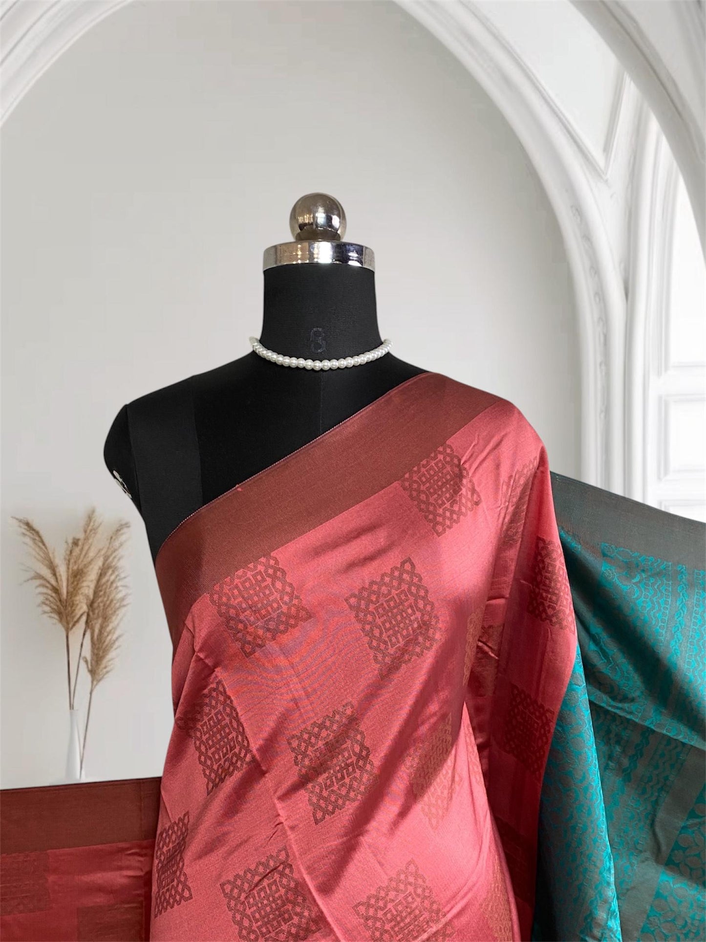Theertha Soft Silk Saree Peach with Green Border(Dress Code)