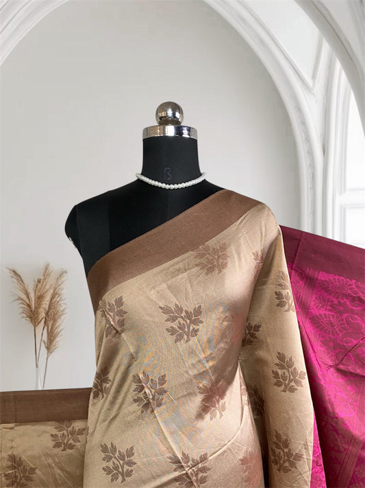 Theertha Soft Silk Saree in Chikku with Pink Border