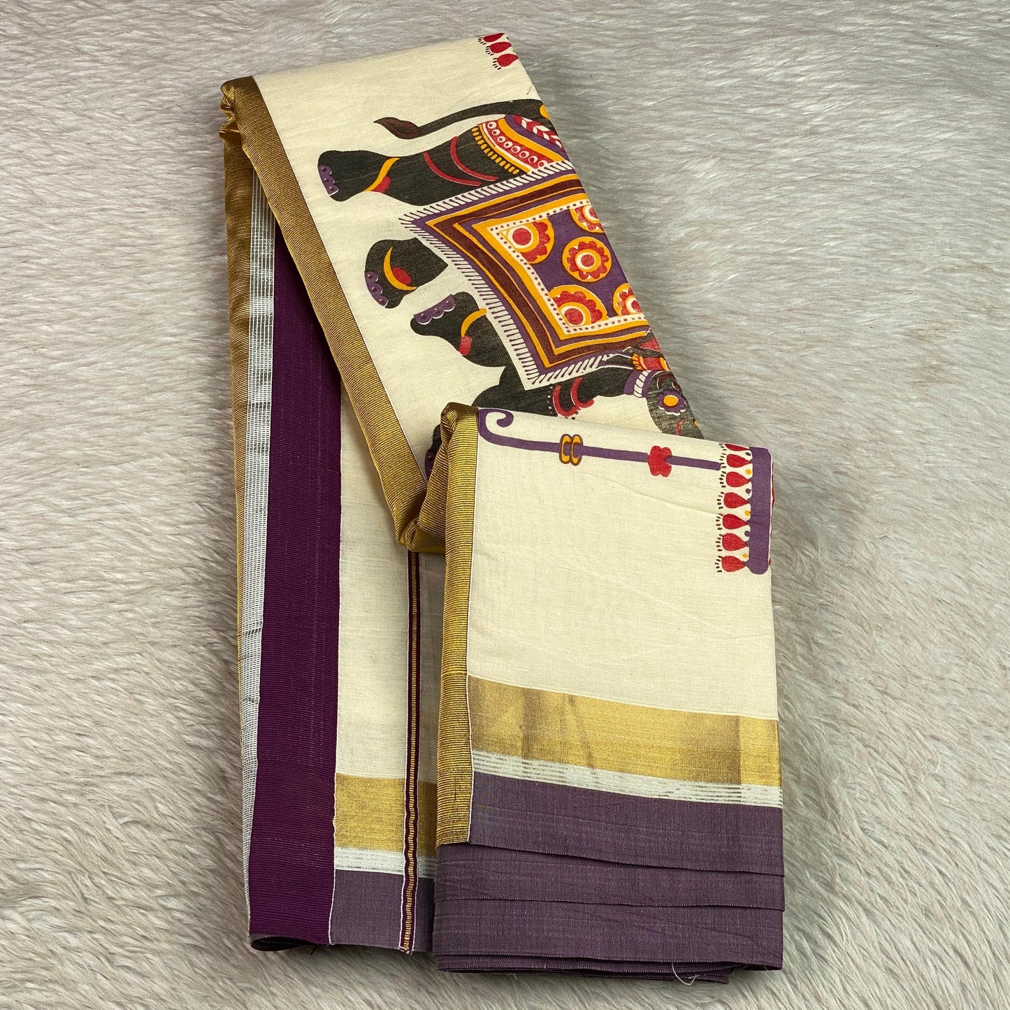 Kerala Cotton Set Saree Elephant Design with Black Border
