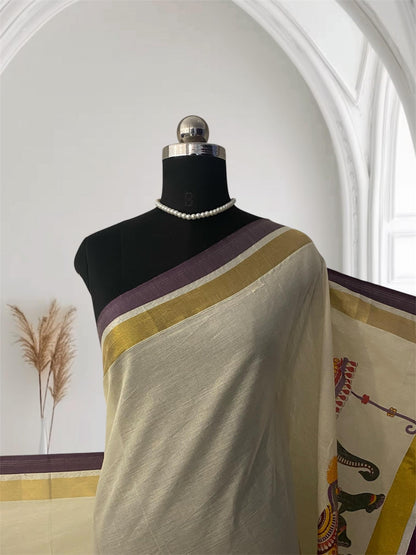 Kerala Cotton Set Saree Elephant Design with Black Border