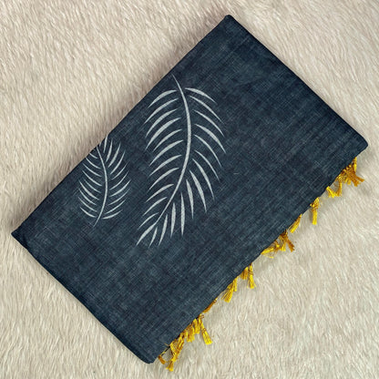 Black Berry Leaf Design Semi Linen Saree