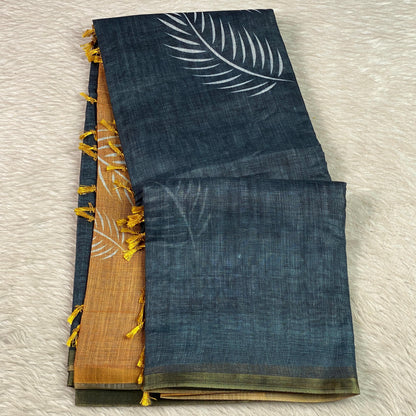 Black Berry Leaf Design Semi Linen Saree