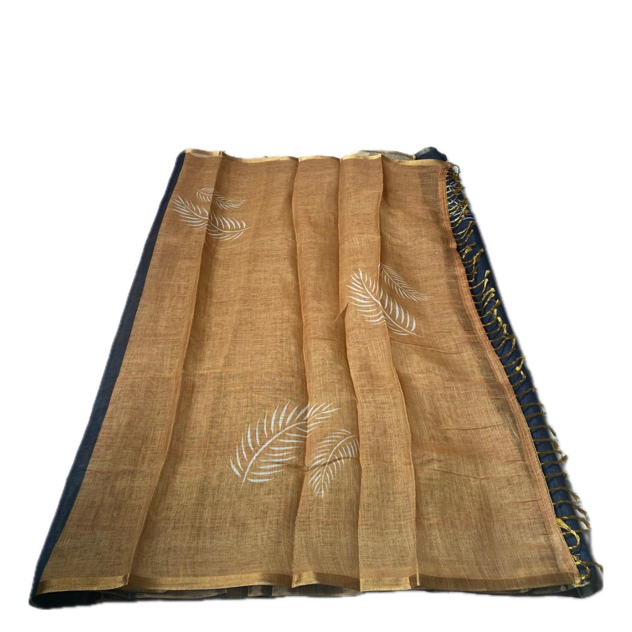 Black Berry Leaf Design Semi Linen Saree
