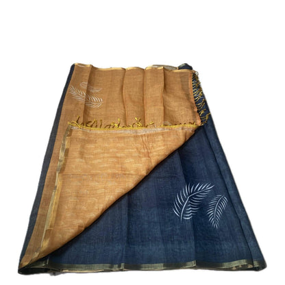 Black Berry Leaf Design Semi Linen Saree