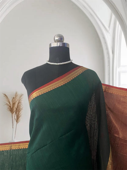 Janvi Semi Linen Saree with Kasavu Border Green