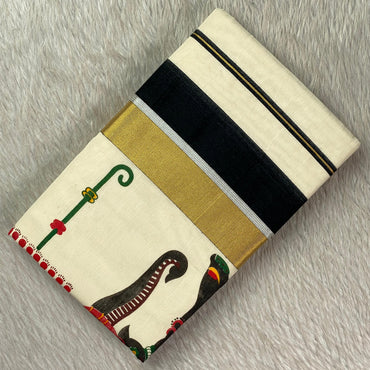 Airavath Kerala Cotton Set Mund Elephant Design with Black Border