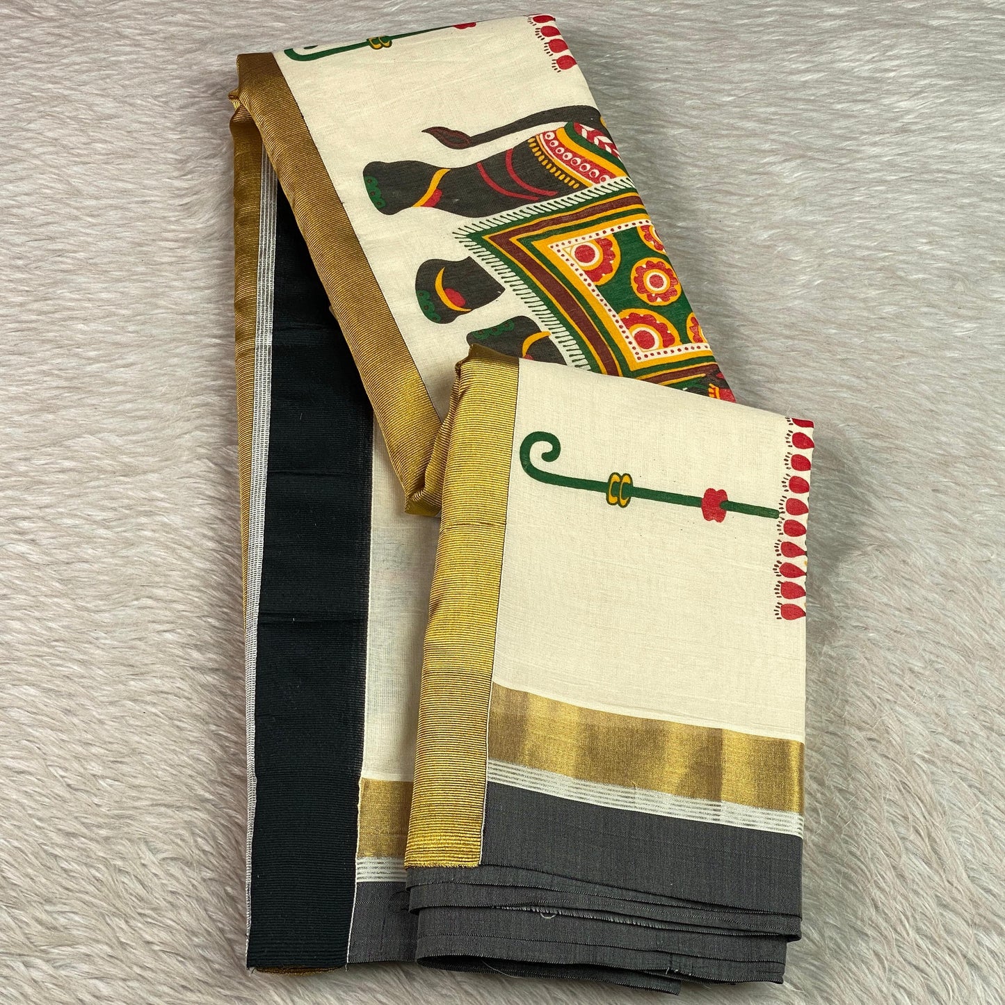 Airavath Kerala Cotton Set Mund Elephant Design with Black Border