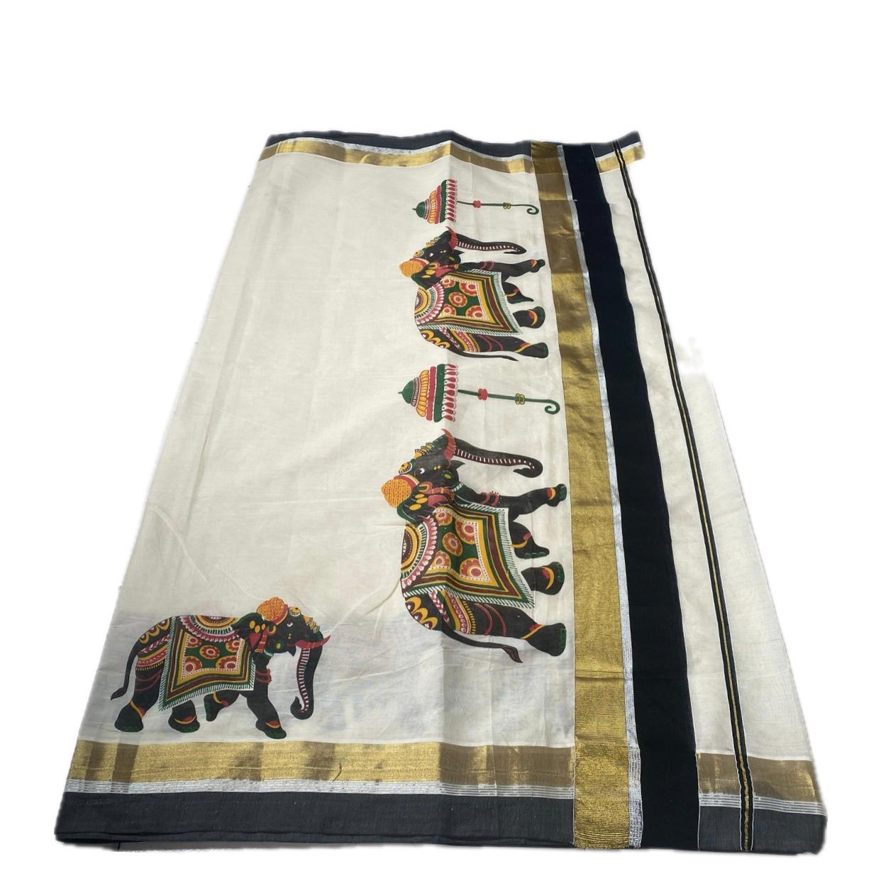 Airavath Kerala Cotton Set Mund Elephant Design with Black Border