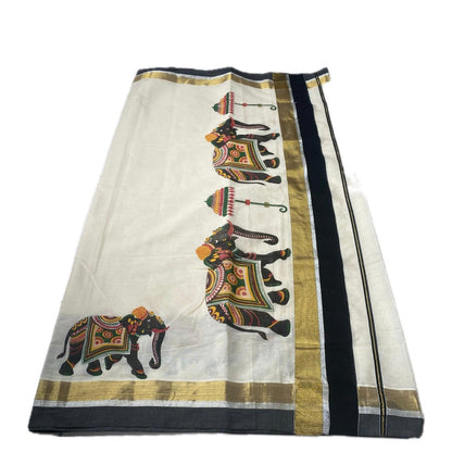 Airavath Kerala Cotton Set Mund Elephant Design with Black Border