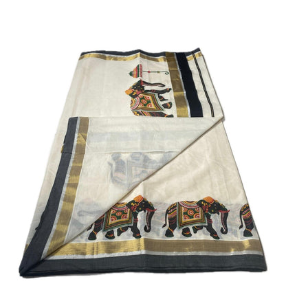 Airavath Kerala Cotton Set Mund Elephant Design with Black Border