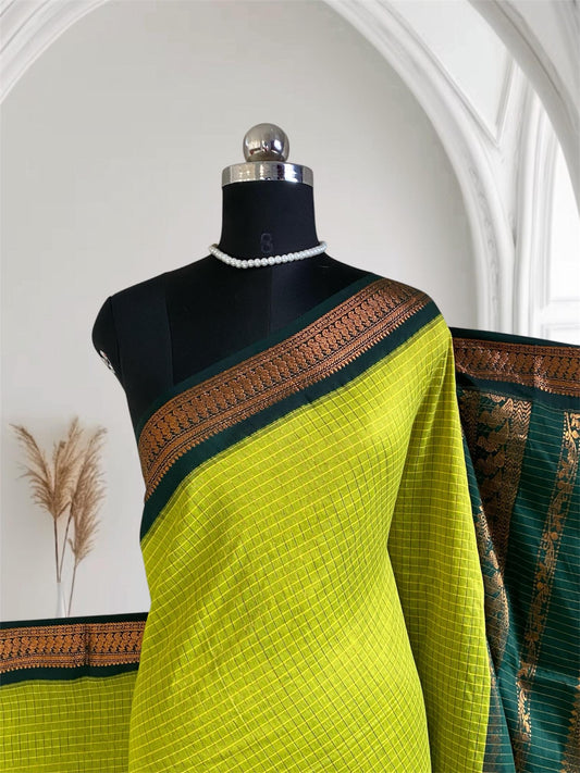Kalyani Cotton Saree in Lime & Bottle Green Combination