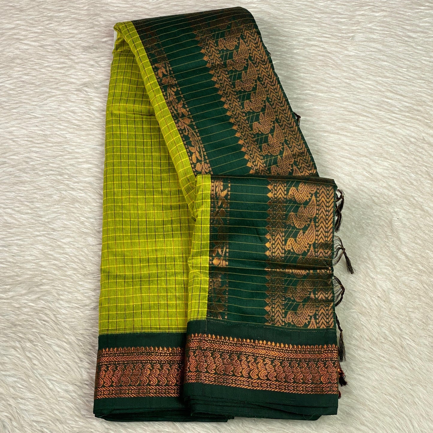 Kalyani Cotton Saree in Lime & Bottle Green Combination