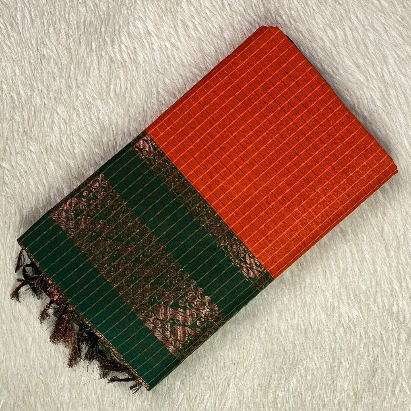 Kalyani Cotton Saree in Orange & Green Combination