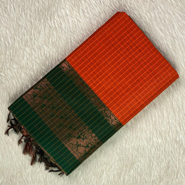 Kalyani Cotton Saree in Orange & Green Combination