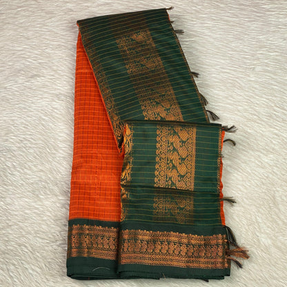 Kalyani Cotton Saree in Orange & Green Combination