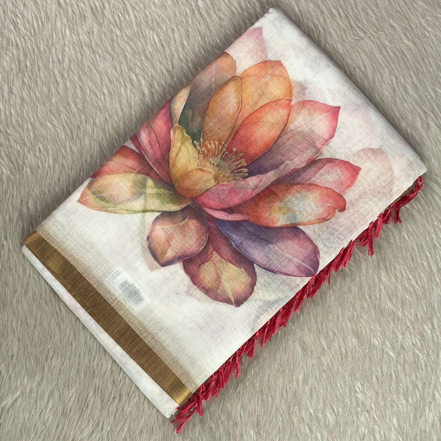 Jamanthi Ivory Petals Premium Semi-Linen Saree