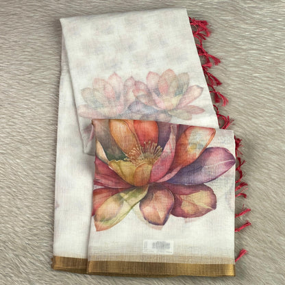 Jamanthi Ivory Petals Premium Semi-Linen Saree