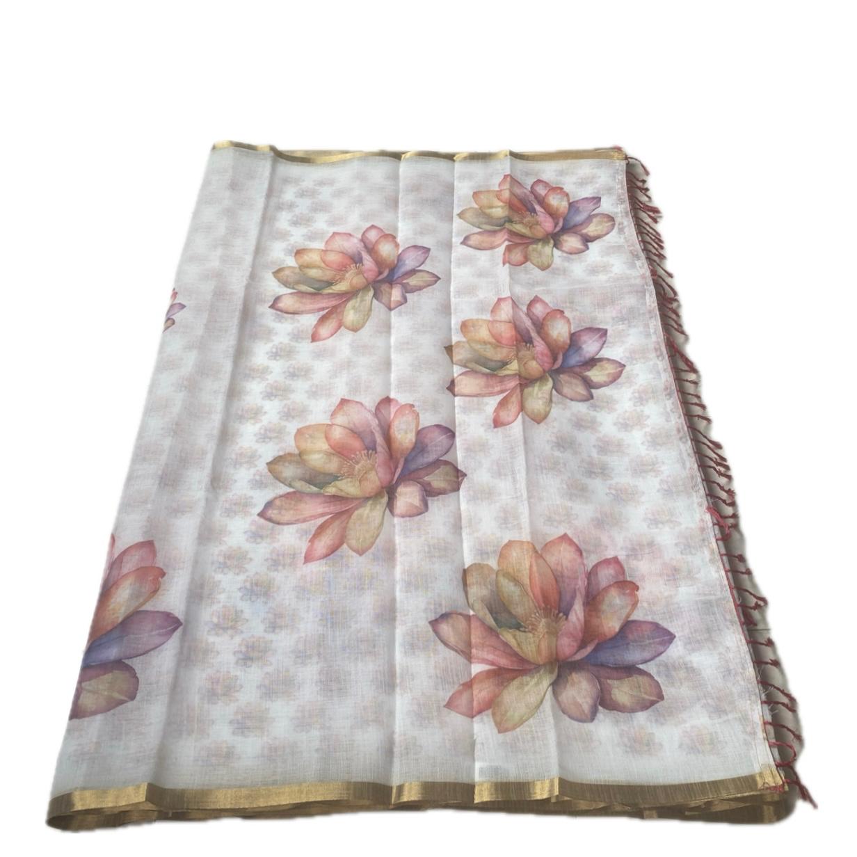 Jamanthi Ivory Petals Premium Semi-Linen Saree