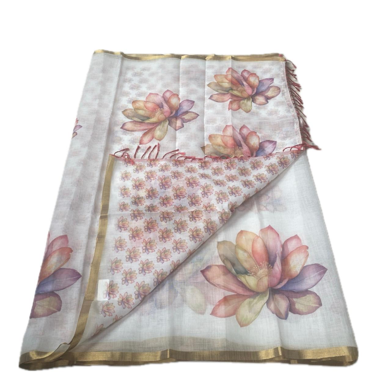 Jamanthi Ivory Petals Premium Semi-Linen Saree