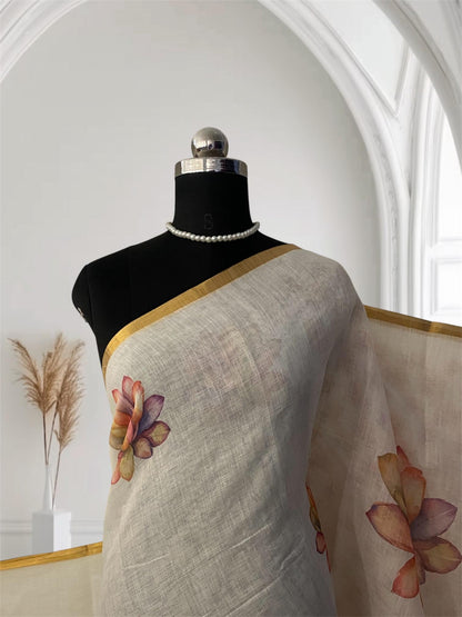 Jamanthi Ivory Petals Premium Semi-Linen Saree