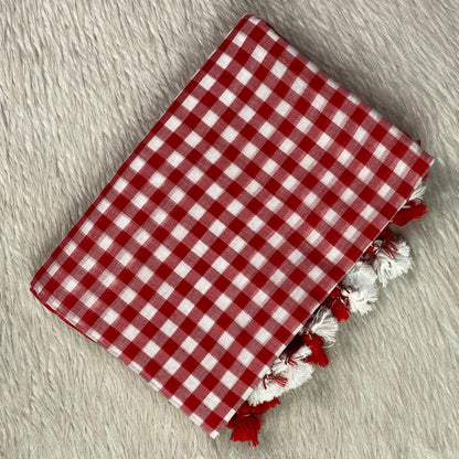 Soft Mul Cotton Checks Saree Red