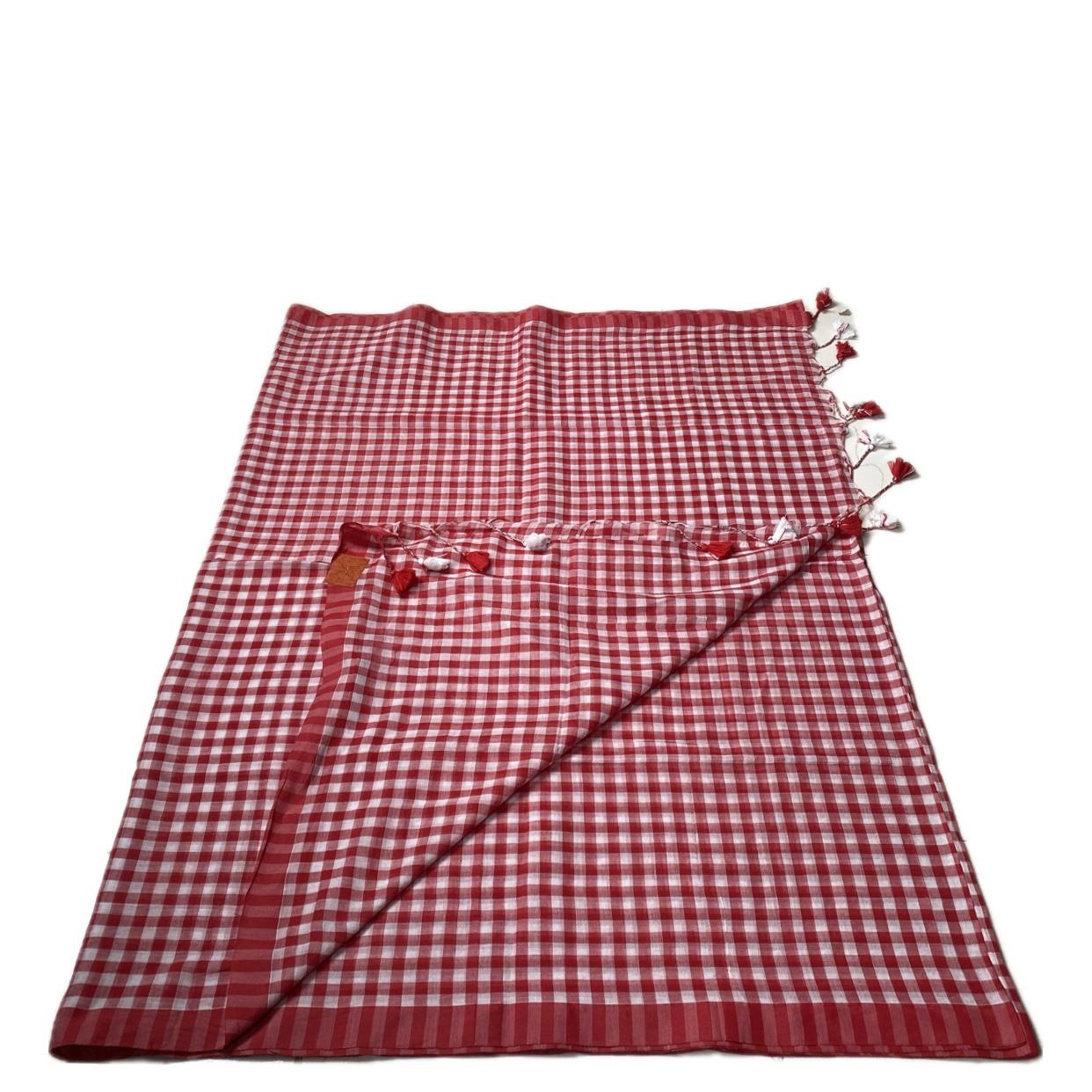 Soft Mul Cotton Checks Saree Red