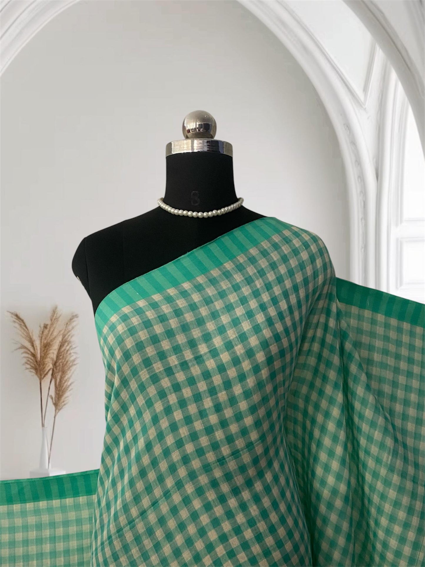 Soft Mul Cotton Checks Saree Green