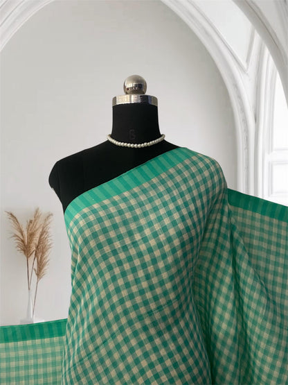 Soft Mul Cotton Checks Saree Green