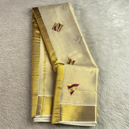 Kerala Tissue Saree with Golden Zari Border & Butterfly Motifs Maroon