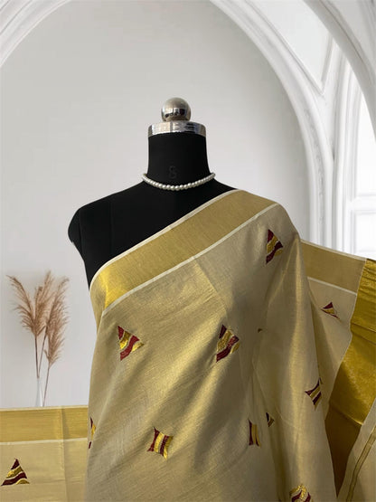 Kerala Tissue Saree with Golden Zari Border & Butterfly Motifs Maroon