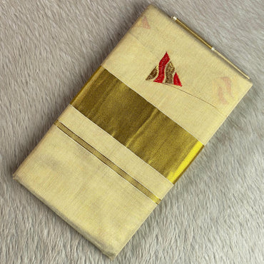 Kerala Tissue Saree with Golden Zari Border & Butterfly Motifs Red