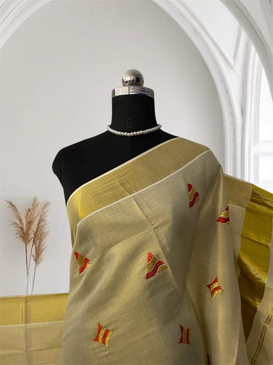 Kerala Tissue Saree with Golden Zari Border & Butterfly Motifs Red