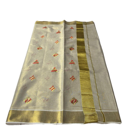 Kerala Tissue Saree with Golden Zari Border & Butterfly Motifs Red