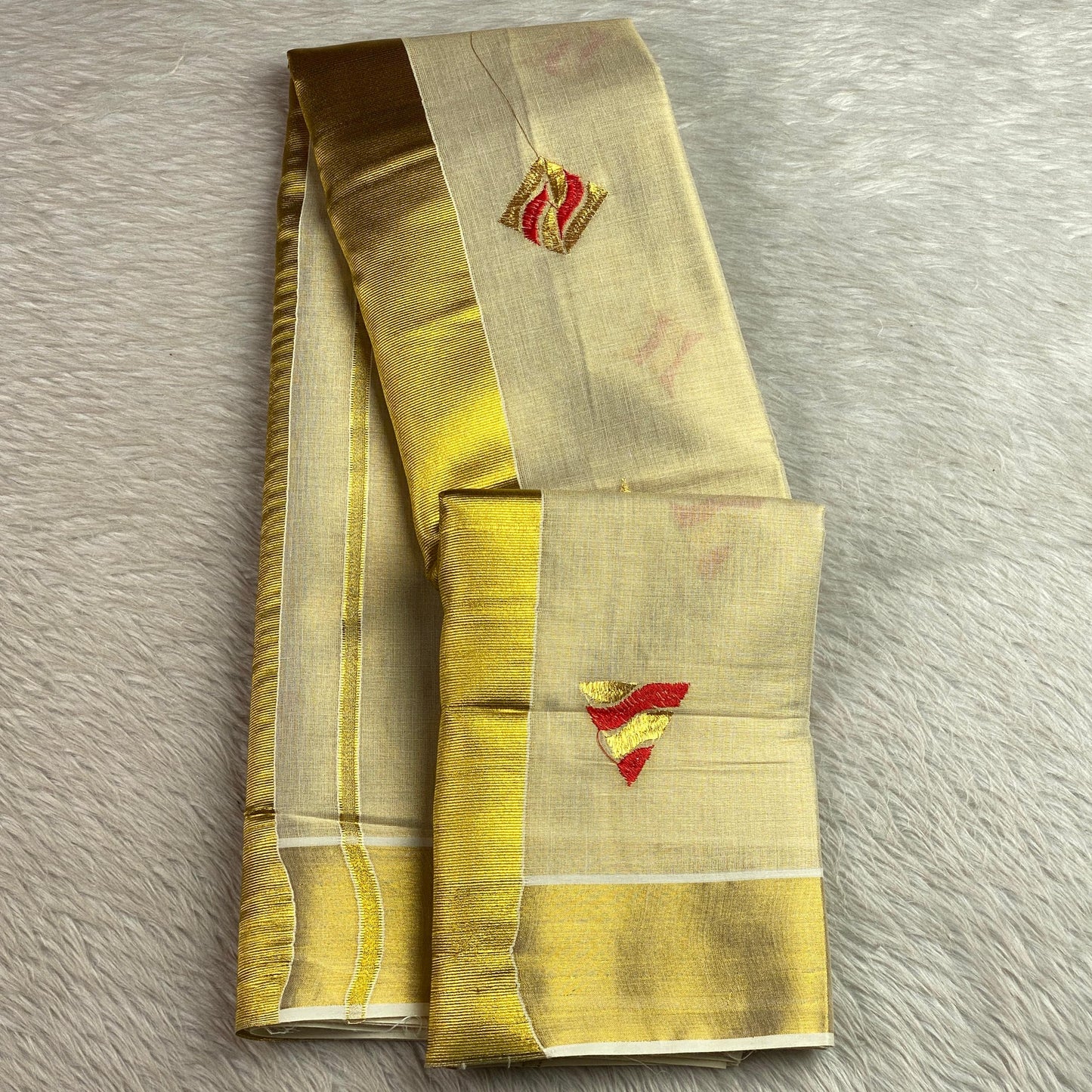 Kerala Tissue Saree with Golden Zari Border & Butterfly Motifs Red