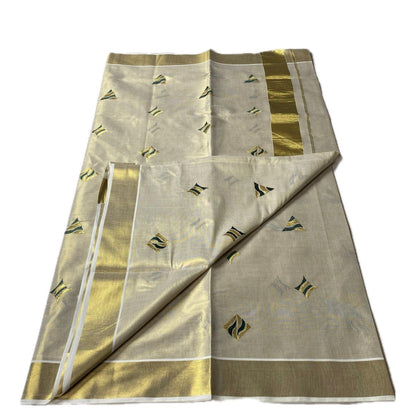 Kerala Tissue Saree with Golden Zari Border & Butterfly Motifs Green