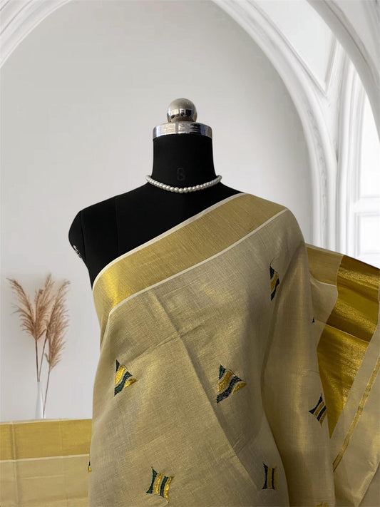 Kerala Tissue Saree with Golden Zari Border & Butterfly Motifs Green