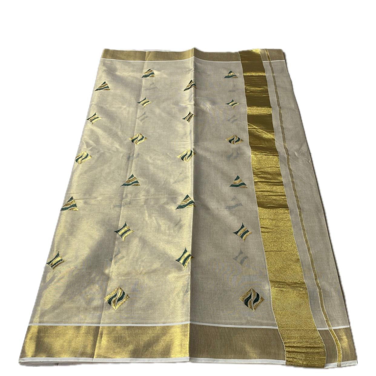 Kerala Tissue Saree with Golden Zari Border & Butterfly Motifs Green