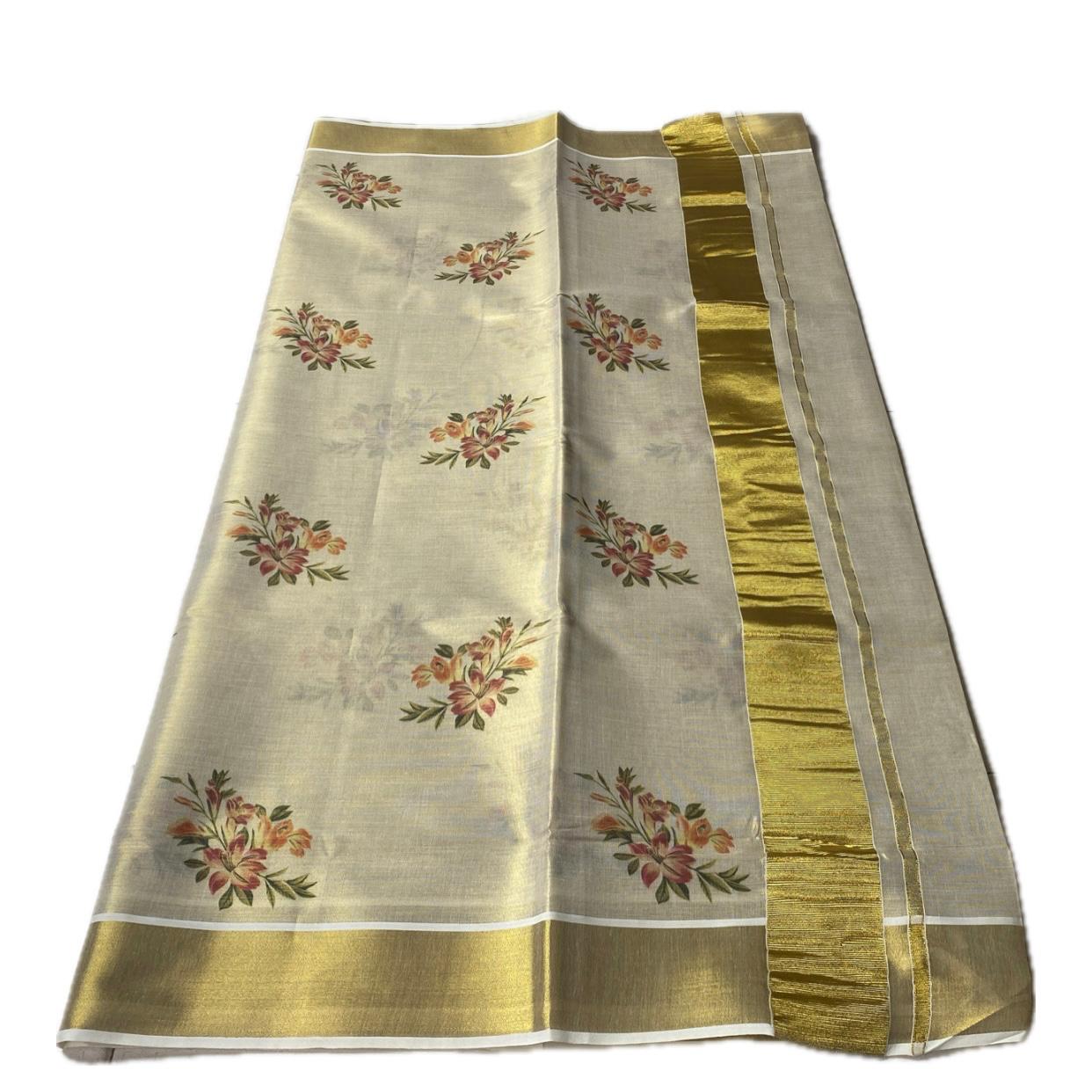 Floral Printed Plain Tissue Saree with Golden Zari Border